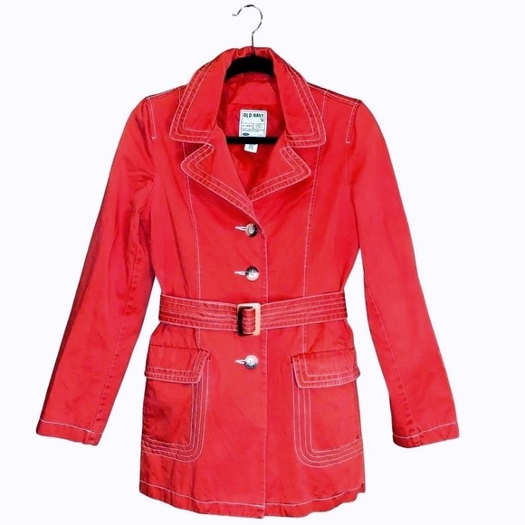 Old Navy Jackets & Blazers - Vtg Y2K‎ Womens PeaCoat 100% Cotton Red Tortoise Buttons White Stitching Sz M